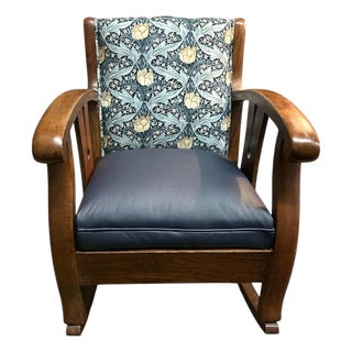 Late 19th Century Liberty & Co. Attributed Oak Rocking Chair With New G. P. & J. Baker Indigo and Ivory Linen and Indigo Leather For Sale