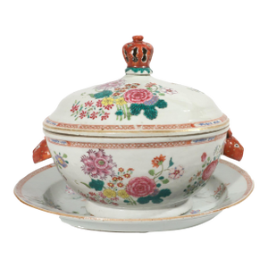 Chinese Export Famille Rose Porcelain Soup Tureen, Cover & Stand