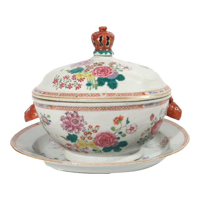 Chinese Export Famille Rose Porcelain Soup Tureen, Cover & Stand, Circa 1765 For Sale