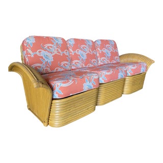Restored "Golden Girls" Art Deco Rattan Fan Arm Three-Seat Sofa in Reproduction Fabric For Sale