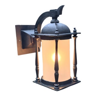 1910s Outdoor Exterior Porch Light Wall Sconce in Cast Iron With Frosted Glass Cylinder Shade and Black Enamel Paint Mission Spanish For Sale