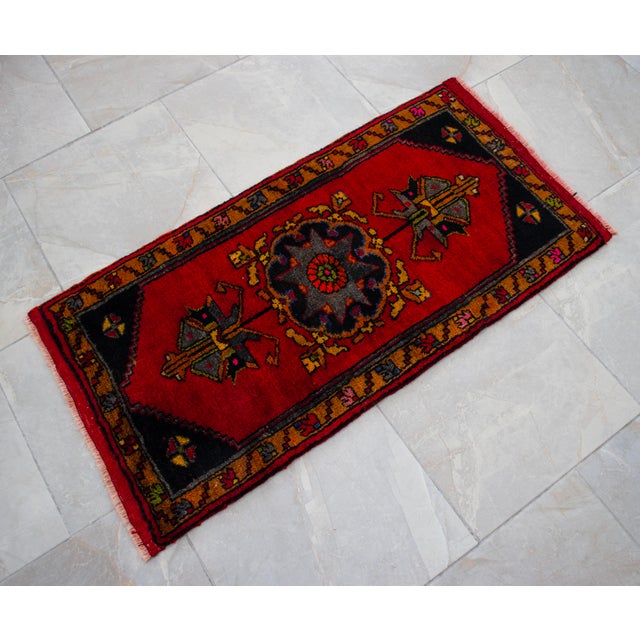 Hand Knotted Small Turkish Rug. Organic Wool 1960's Entryway Decor DoorMat, Accent Rug - 21'' X 42'' For Sale - Image 6 of 12