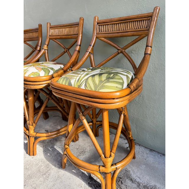 1960s Rare Trio of X-Back Bamboo Swivel Counter Stools (3) - Refurbished and Reupholstered For Sale - Image 9 of 12