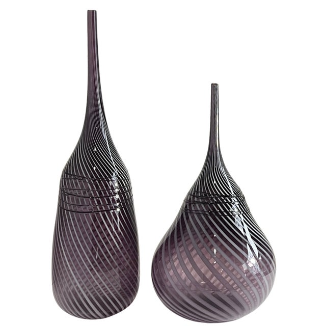 24 + In. Murano Style Purple White Applied Black Swirl Bulbous Art Glass Vase Set of 2 For Sale - Image 9 of 14