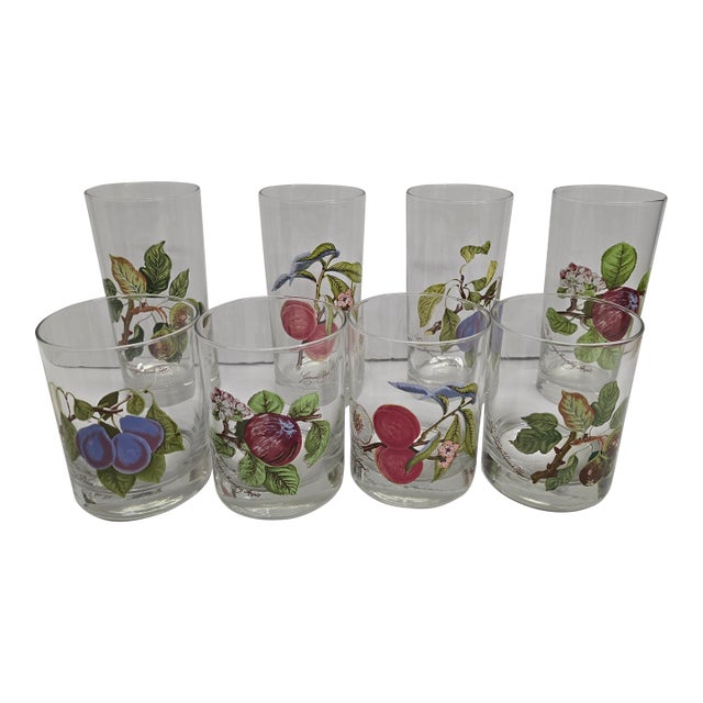 1960s Portmeirion 4 Highballs & 4 Rocks Glasses With Fruit Pattern Set For Sale