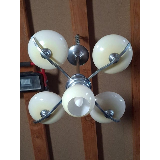 Chrome Metal Chandelier with Five Pale Yellow Opaline Shades, 1950s For Sale - Image 4 of 7