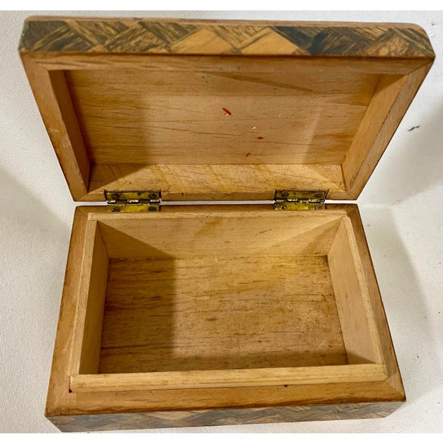 Brown Small Vintage Hand-Crafted Wooden Box Adorned With a Pair of Scotties and Intricate Parquet Patterns From England - Circa 1940’s For Sale - Image 8 of 10