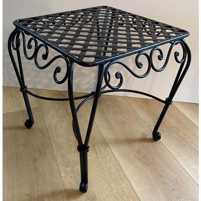 Pair of French Wrought Iron Square Accent Tables, Lattice Tops and Scroll Legs For Sale - Image 4 of 9