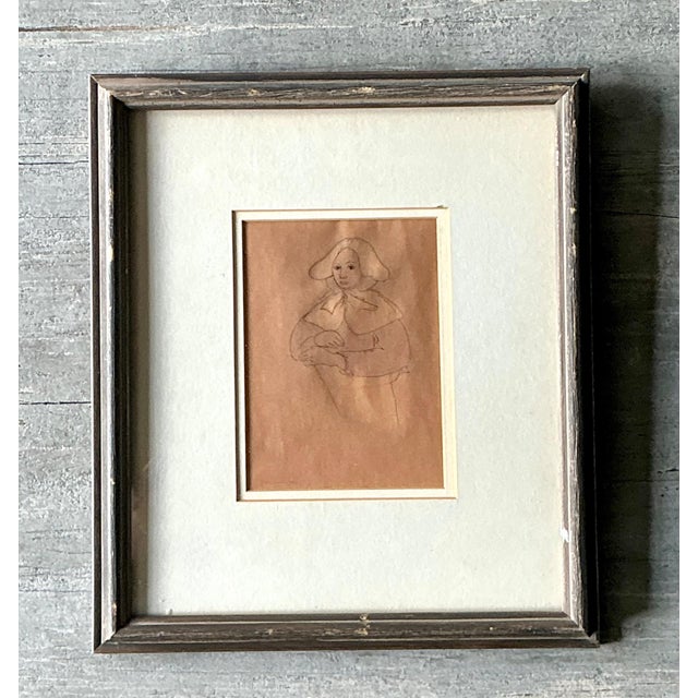 Tan Vintage Portrait Drawing in Frame For Sale - Image 8 of 13