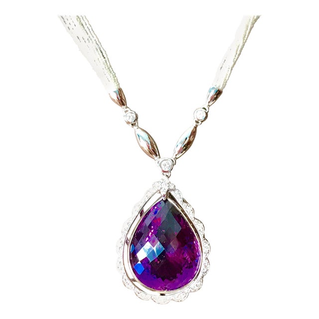 54 Carat Tear Drop Amethyst and Diamonds with Seed Pearl Necklace 18 Karat Gold For Sale