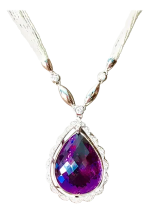 54 Carat Tear Drop Amethyst and Diamonds with Seed Pearl Necklace 18 Karat Gold