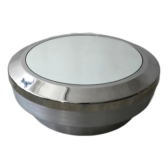 1970's Brushed Aluminum and Chrome Drum Coffee Table by Gj Neville For Sale