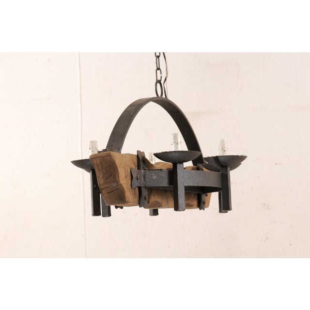 Mid 20th Century Mid 20th Century French Wood Beam & Iron Chandelier For Sale - Image 5 of 8