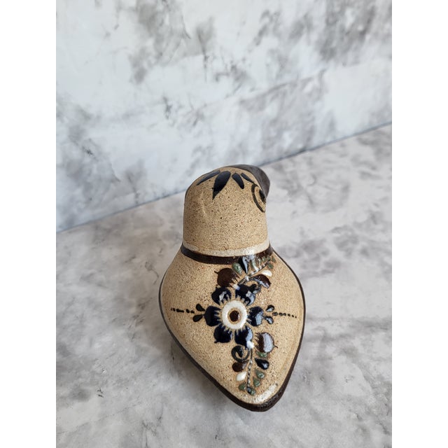 Abstract 1990s Handcrafted Stoneware Bird Figurine With Brown Beak and Floral Details 4" Long Tonala Mexico For Sale - Image 3 of 12