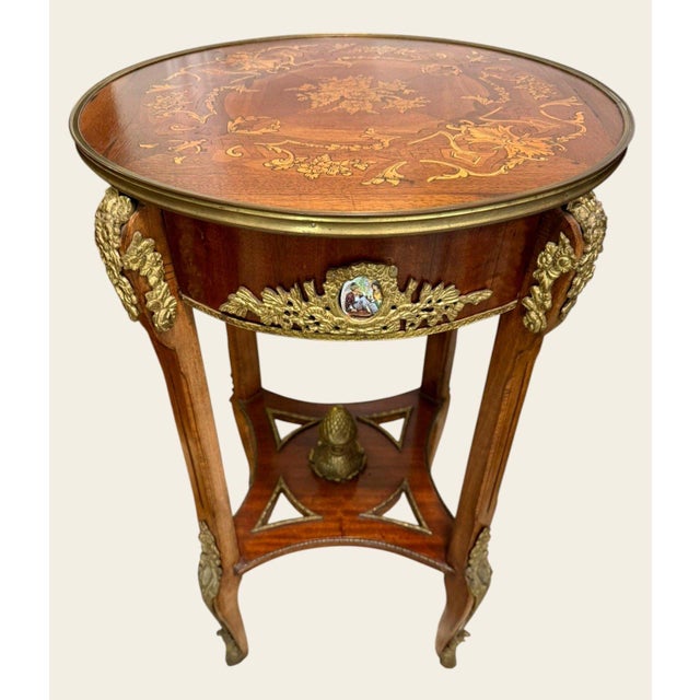 Pair Louis XV Revival Marquetry Salon Tables With Porcelain Plaques, C. 1900 For Sale - Image 4 of 18