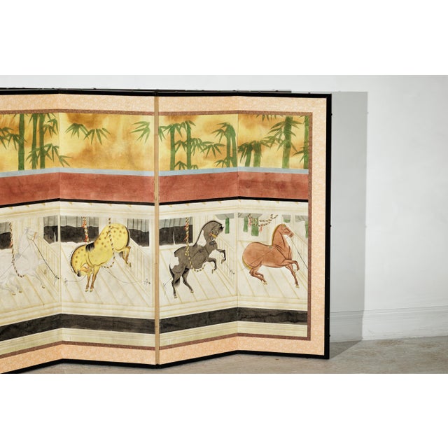 Asian Japanese Inspired Six-Panel Screen with Horses in Stable with Bamboo Backdrop For Sale - Image 3 of 18