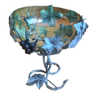 1930s Umberto Bellotto Art Nouveau Murano Attributed Glass Coupe Nesting on a Wrought Iron Grape Vine Basket For Sale