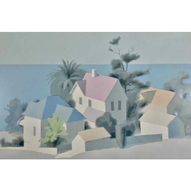 Contemporary Vintage 1980s William Buffett Hand-Signed Serigraph "Houses by the Sea" – Limited Edition 35/375 in Original Rounded Oak Waterfall Frame For Sale - Image 3 of 7
