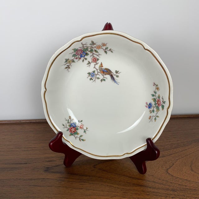 Set of 6 "Chantilly" model soup plates by Longchamp, 1950/60 Crane and flower decor in Japanese style with gold accent...