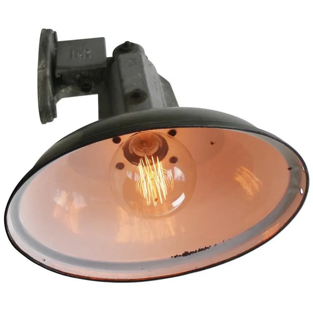 Vintage French Industrial Black Enamel Factory Wall Light For Sale - Image 5 of 7