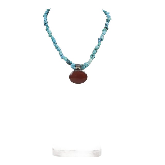 Turquoise Carnelian Sterling Silver Necklace For Sale