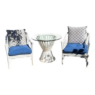 1970s Authentic McGuire Rattan "Sheaf of Wheat" 3-Piece Patio Set For Sale