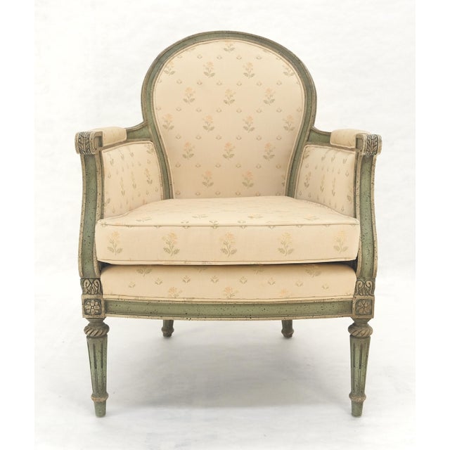 Early 20th Century Paint Decorated Painted Olive Green Carved Ballon Back Arm Chair MINT For Sale - Image 5 of 11