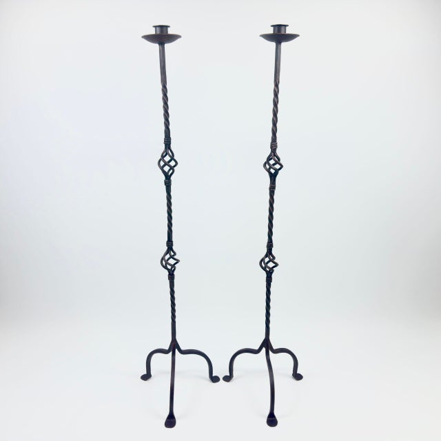 Metal Hand Forged Iron Candelabra Pair (115cm) Antique Copper Expanded Open-Twist Stem For Sale - Image 7 of 7