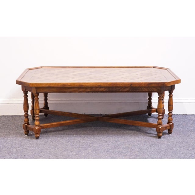 Late 20th Century Henredon Furniture Four Centuries Collection Solid Oak Rustic Americana 46" Accent Coffee Table W. Lattice Parquet Top For Sale - Image 5 of 10
