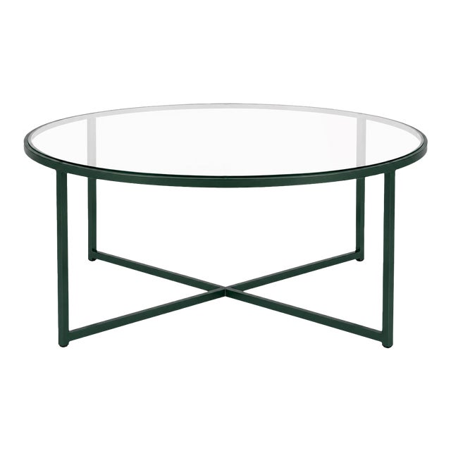 Vintage Emerald City Green & Glass Round Coffee Table — Minimalist Geometric Frame For Sale