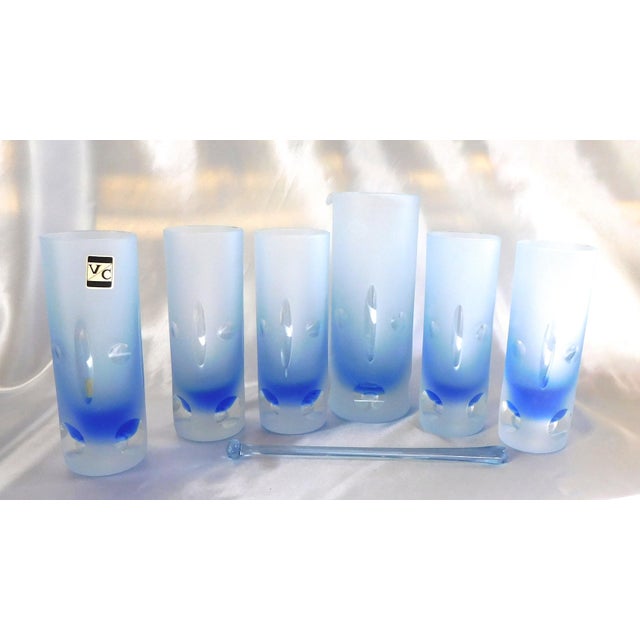 1970s Blue Cut to Clear Bar Ware Set With Serving Pitcher and Five Glasses - Set of 7 For Sale - Image 11 of 13