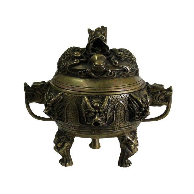 Metal Chinese Brown Dragon Head Lid, Dragons Bronze Incense Burner For Sale - Image 7 of 7