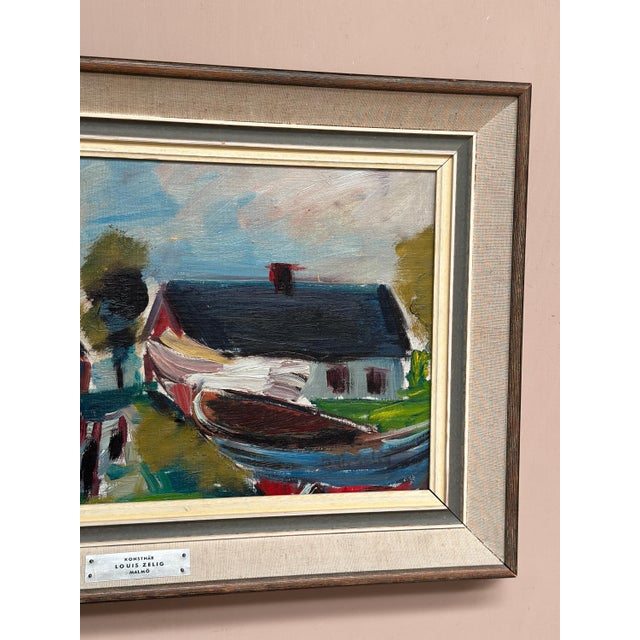 Louis Zelig, Boats in Fishing Village, 1950s, Oil on Panel, Framed For Sale - Image 4 of 18