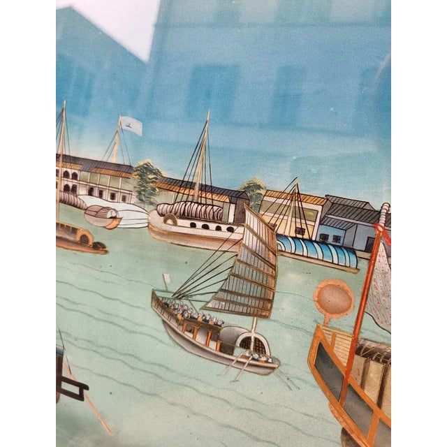 View of a Port in Asia, 20th Century, Reverse Glass Painting For Sale - Image 10 of 13