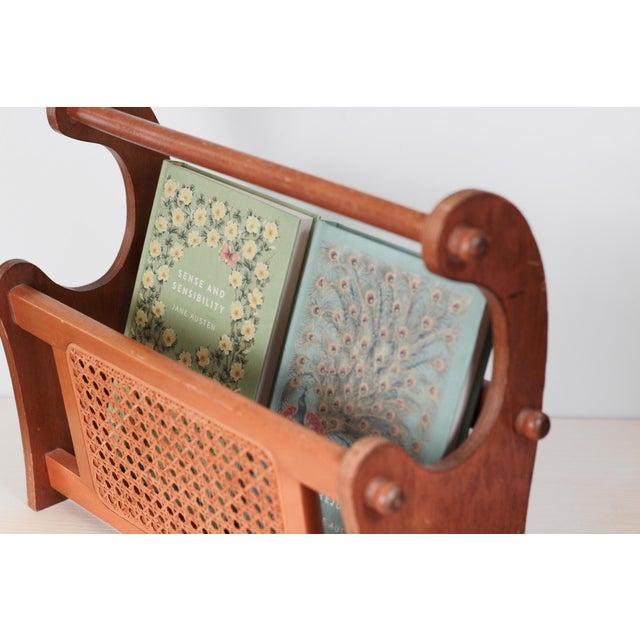 1970s Mid-Century Wood and Cane Magazine Rack | Chairish