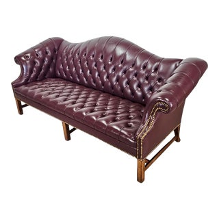 1970s English Leather Chesterfield Tufted Camelback Sofa For Sale