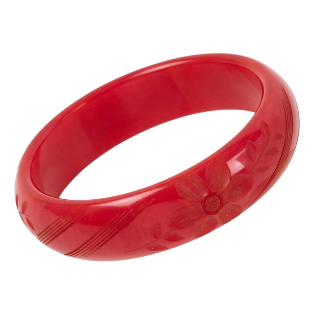 Bakelite Carved Bracelet Bangle Magenta Red Marble For Sale