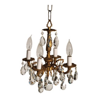Vintage Petite French Brass 4 Lite Cutest Darlingest Cut Lead Crystal Chandelier For Sale