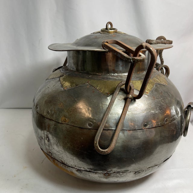 Antique Indian 19th Century Iron Lidded Water Vessel With Brass Accents For Sale - Image 4 of 11