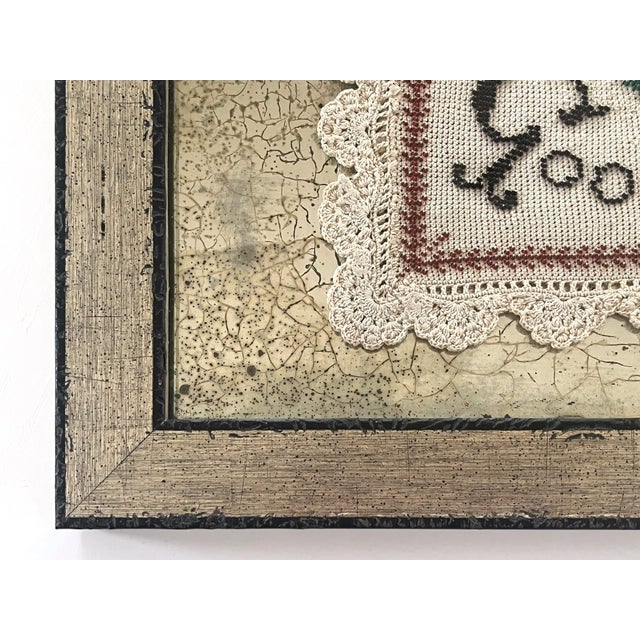 Red Antique Beaded Holiday Peace on Earth Framed Crochet Linen For Sale - Image 8 of 11
