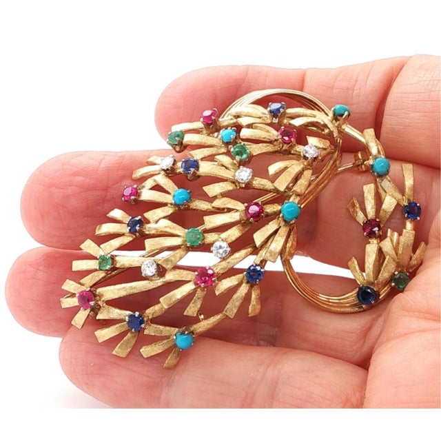 Mid 20th Century Diamond Multicolor Gems 18k Yellow Gold Large Floral Bouquet Brooch Pin For Sale - Image 4 of 11