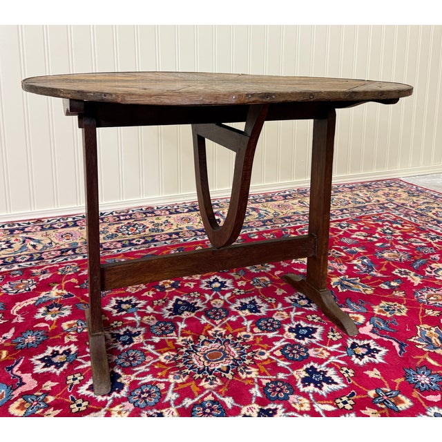 Antique French Vendage Round Flip Top Gateleg Wine Table Oak Trestle Feet c.19th For Sale - Image 13 of 18