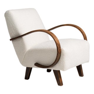 20th Century Czech Republic Warm Ivory Boucle Bentwood-Arm Lounge Chair For Sale