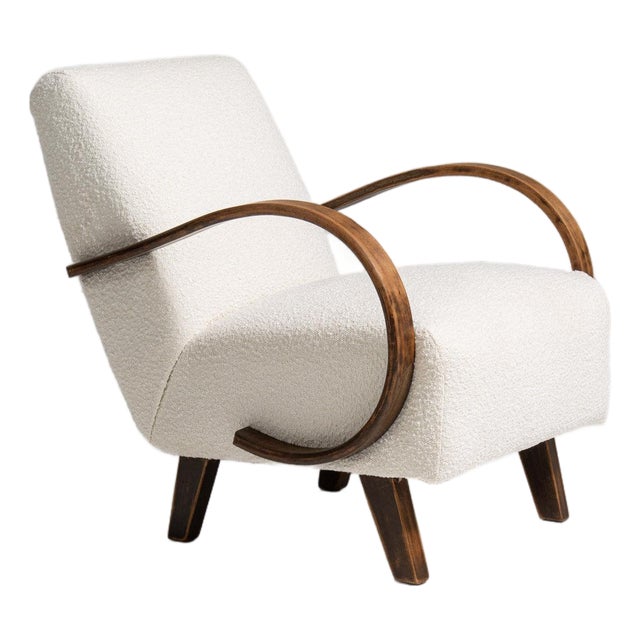 20th Century Czech Republic Warm Ivory Boucle Bentwood-Arm Lounge Chair For Sale