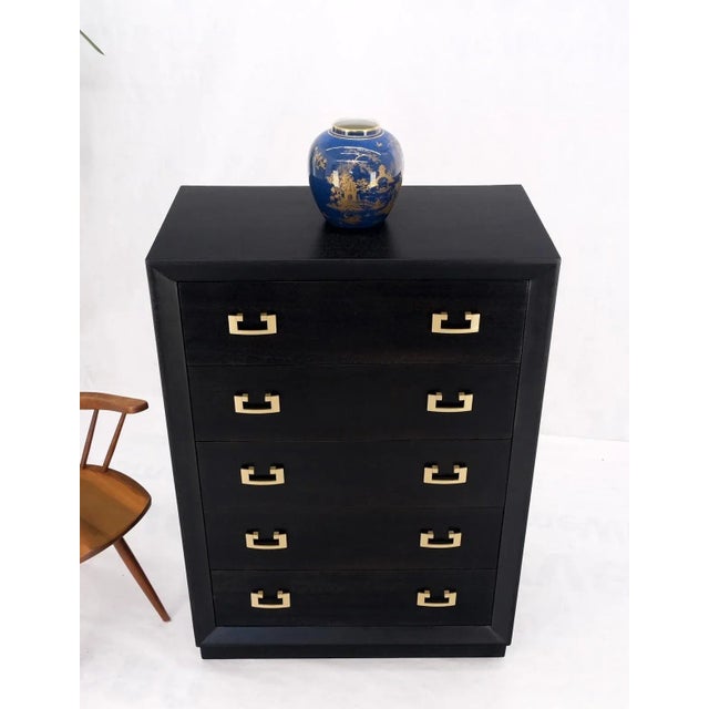 Wood Ebonized Black Lacquer Mahogany Tall 5 Drawers Dresser Gold Bracket Pulls MNT For Sale - Image 7 of 13