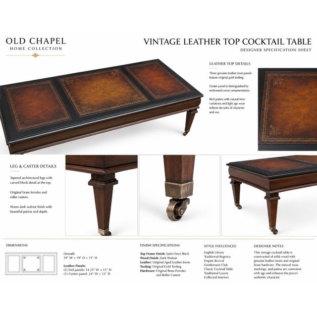 VINTAGE LEATHER TOP COCKTAIL TABLE Old Chapel Home Collection A striking vintage cocktail table featuring three genuine...