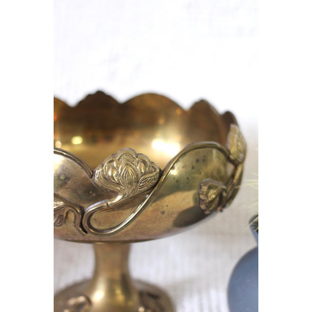 Art Nouveau Midcentury Brass Pedestal Bowl With Lotus Flowers For Sale - Image 3 of 11