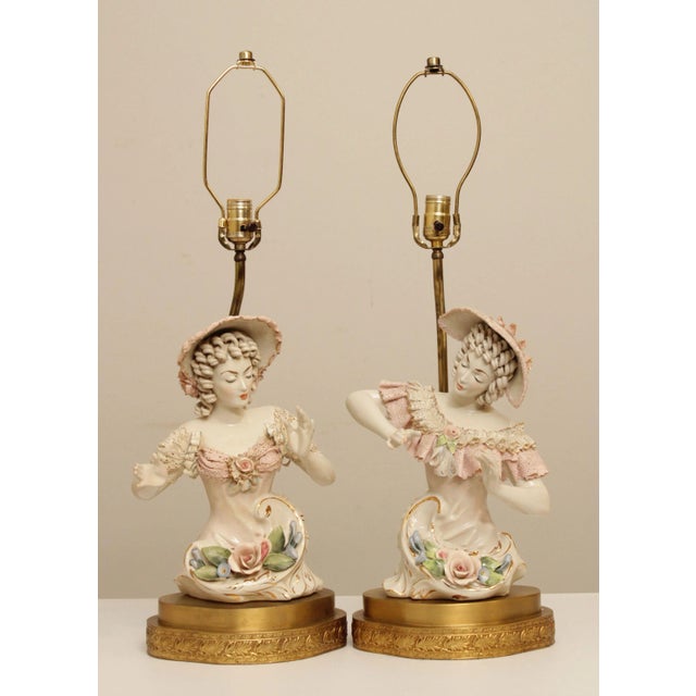 Vintage Pair of Rococo Revival Style Porcelain Figurine Lamps with Brass Base Most Likely by Cordey or Dresden (Not...