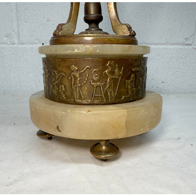 Large Antique Ornate Hand Carved Figural Alabaster Bronze Electric Table Lamp For Sale - Image 4 of 13