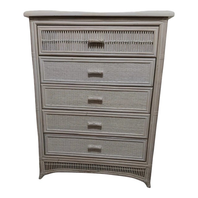 1980s Coastal Washwood Bamboo Wicker Chest 5 Drawer For Sale